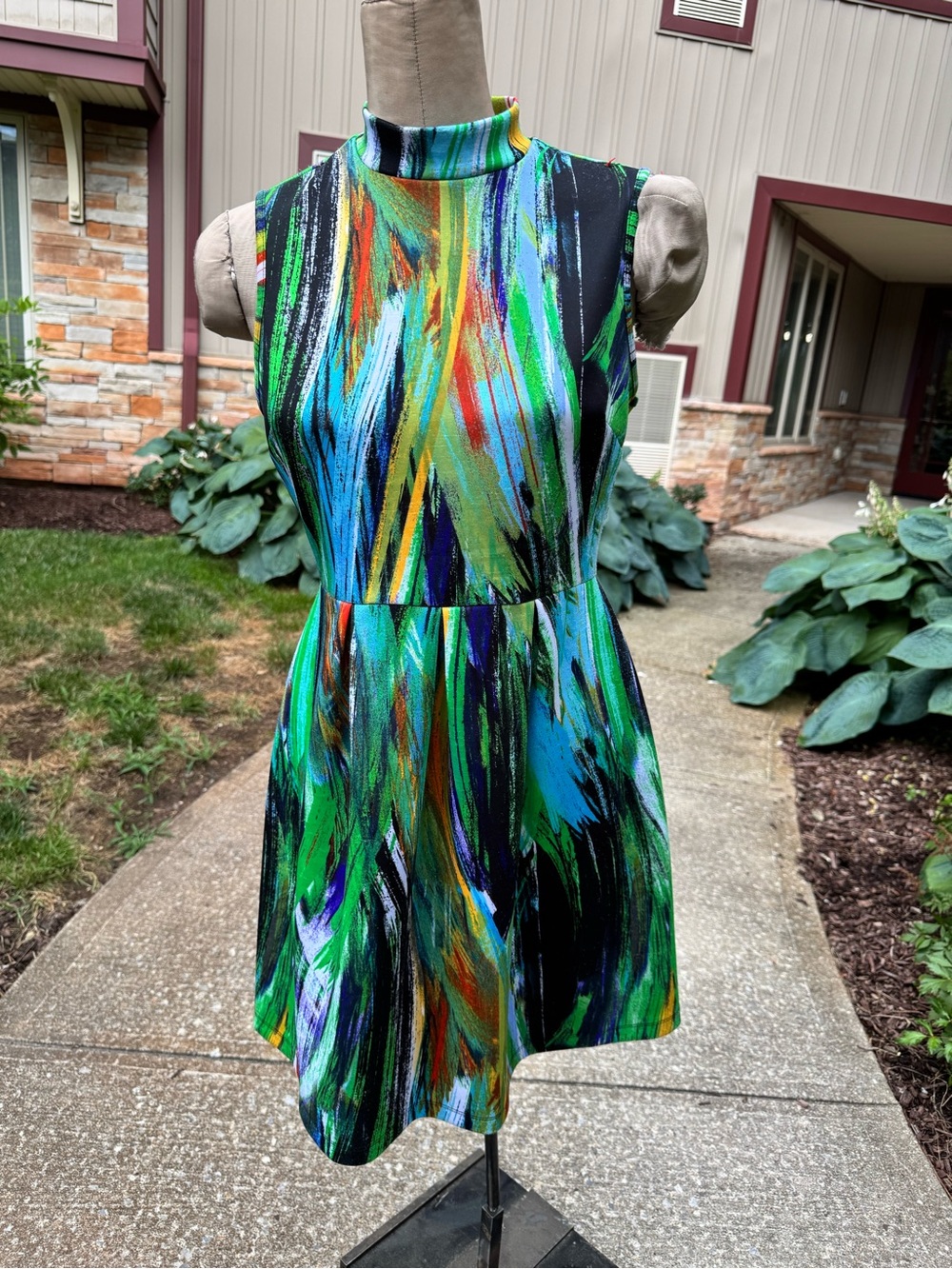 Sugar Sleeveless Mini Dress in Green-Blue Brushstroke Print
